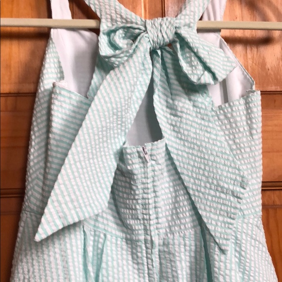 Girls Size 16 Rare Editions Seersucker Blue Striped Lined Sleeveless Dress Bow - Picture 6 of 10